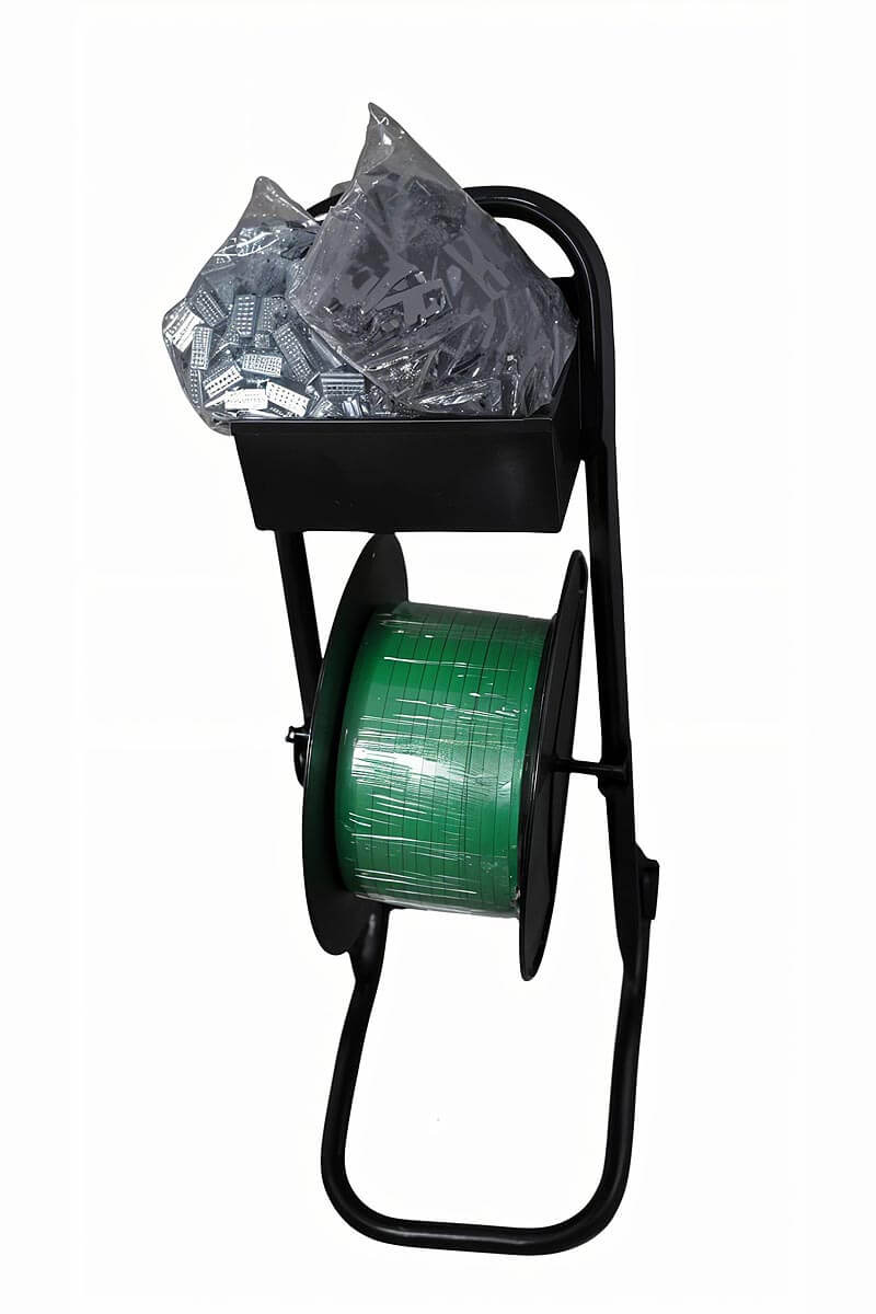 Dispensador de fleje con ruedas y caja de herramientas