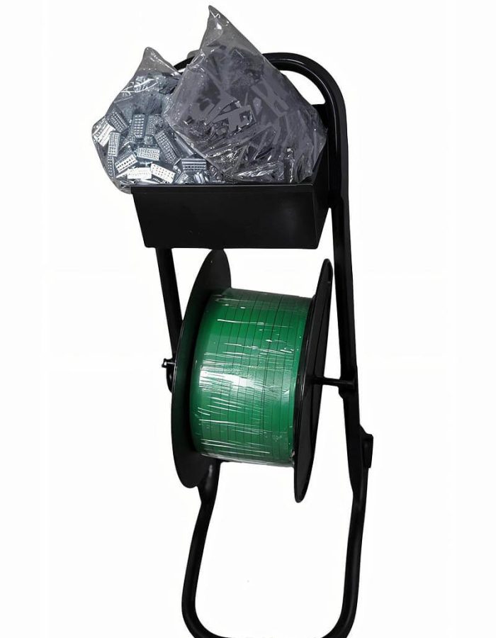 Dispensador de fleje con ruedas y caja de herramientas